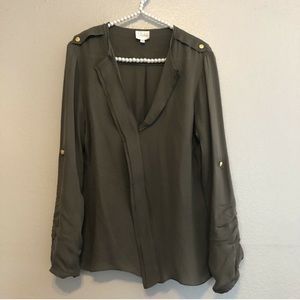 Parker Military Army Green Epaulet Silk Blouse M
